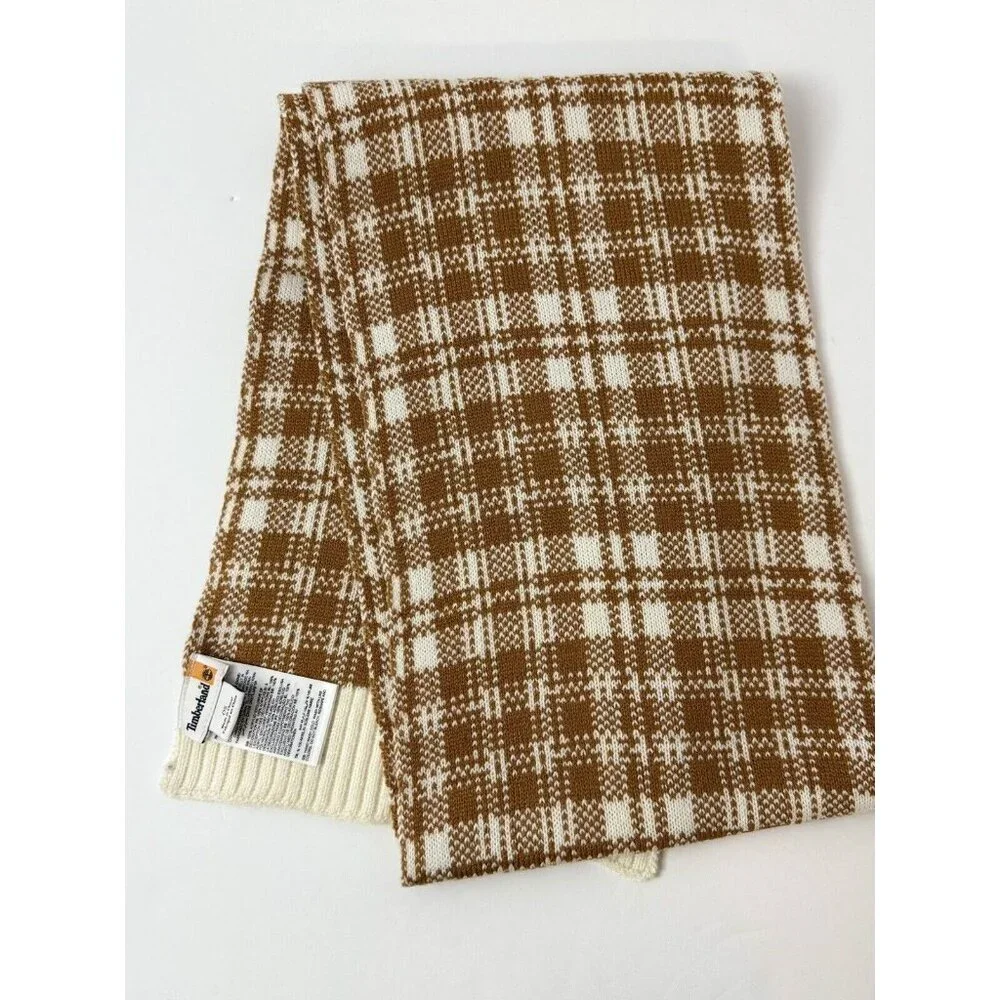 Timberland Scarf Houndstooth Plaid Knit Cozy‎ Logo Checker Tan Cream Fall Winter